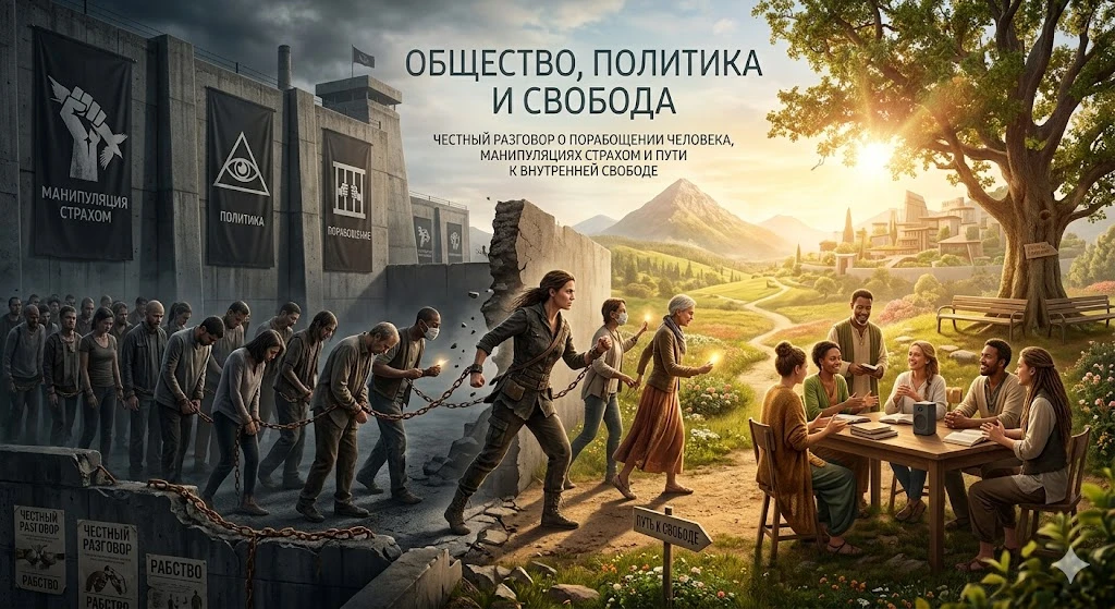 Город и силуэты людей, символ свободы и контроля